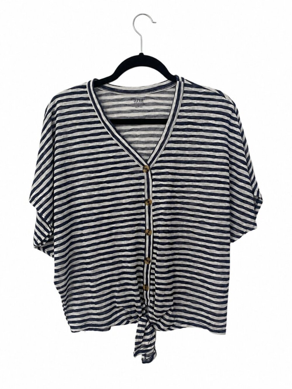 a.n.a. Navy White Striped Tie Front Dolman Top Women’s Large Oversized - Picture 2 of 3